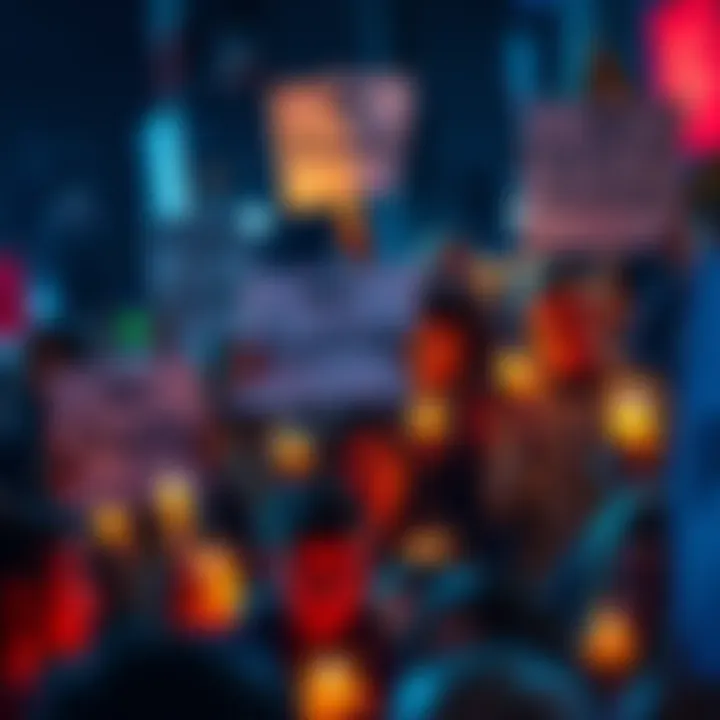 A crowd holding signs and candles in memory of Pretti and Justine, showing contrasting emotions of sadness and anger