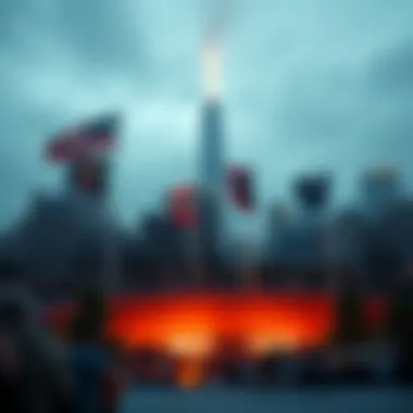 A crowd gathering in remembrance at a memorial site, showing unity and emotion, reflecting on the 9/11 attacks.