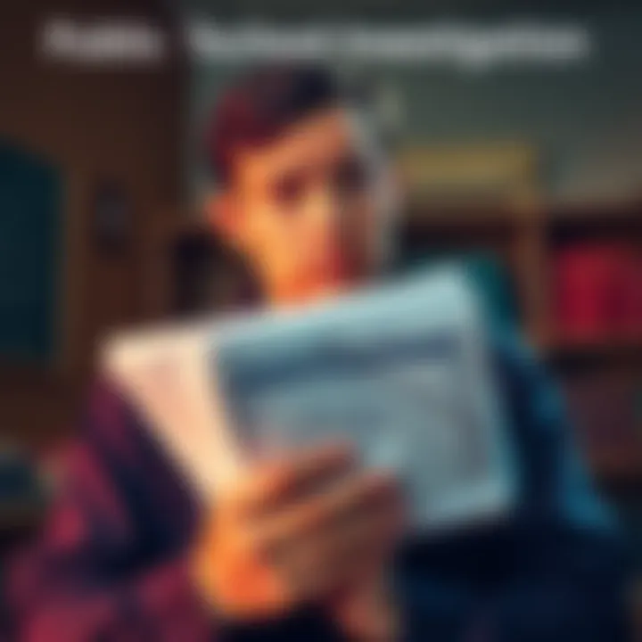 A person holds a stack of documents related to school records, with a concerned expression, symbolizing the search for justice in abuse allegations against a teacher.
