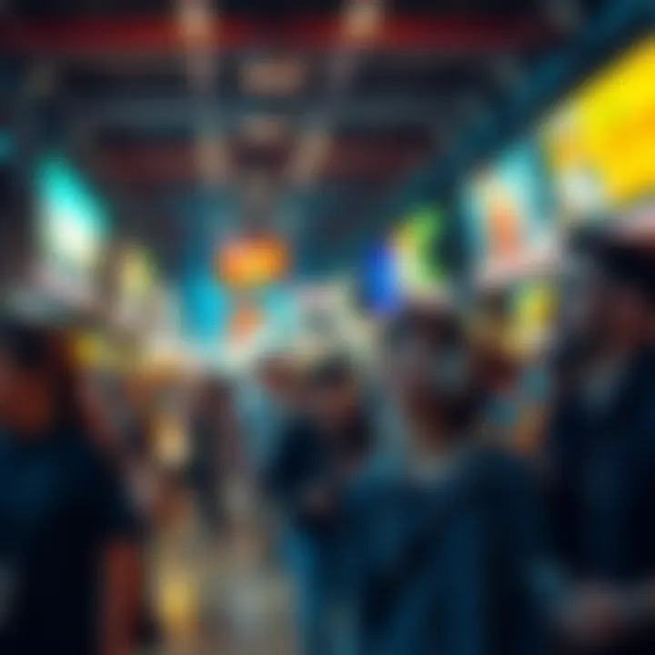 A crowded public area where people listen to catchy music, showing various emotions like joy and irritation.
