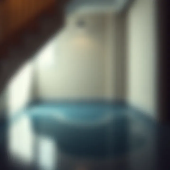 A homeowner's basement with a mysterious puddle of clear water at the foot of the stairs, showing a curious situation without visible sources of the water.