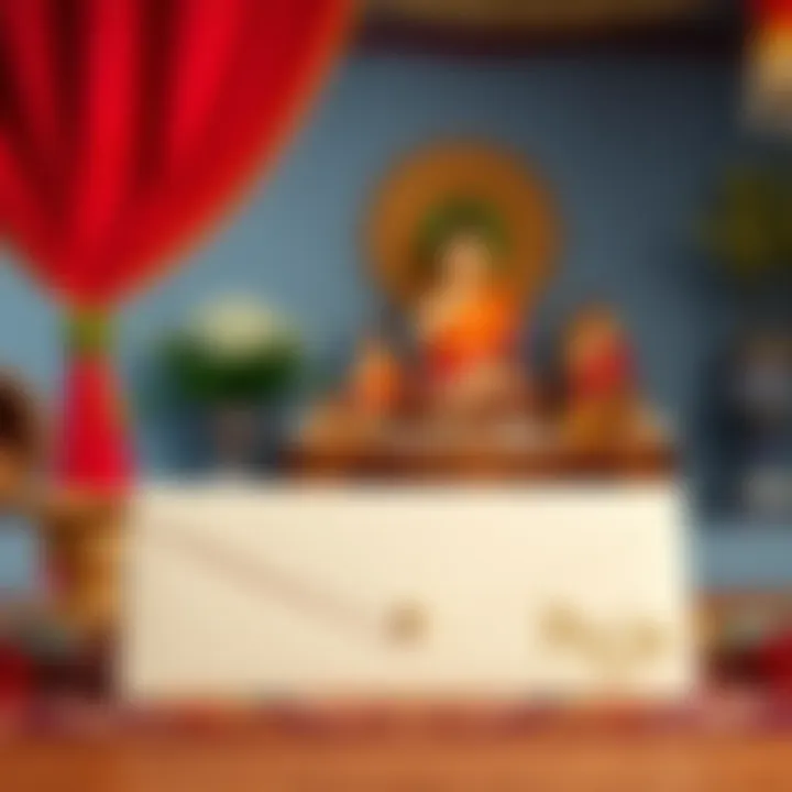 A donation envelope placed on a decorative table for a puja ceremony