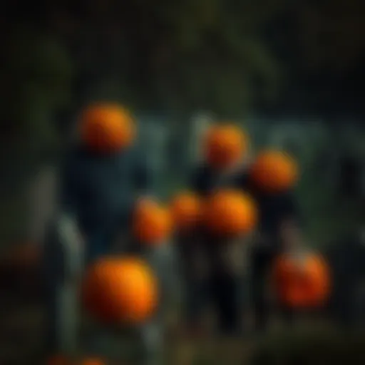 A family poses with pumpkin heads in a spooky cemetery in New Bern, revealing unusual shadows nearby