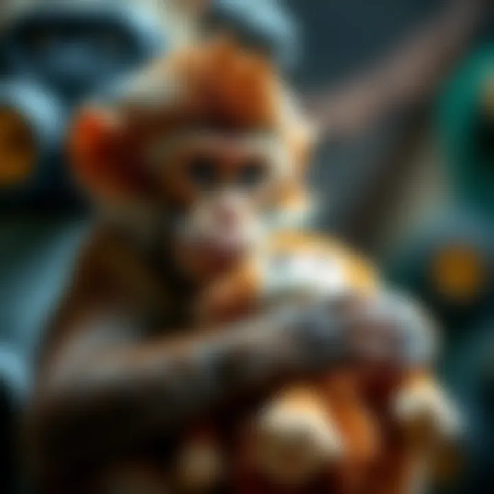 A young macaque named Punch cuddling a plush orangutan toy in a Japanese zoo