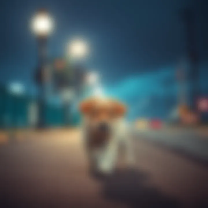 A puppy walks on a sidewalk with streetlights flickering above, creating a surreal atmosphere during evening walks with its owner.