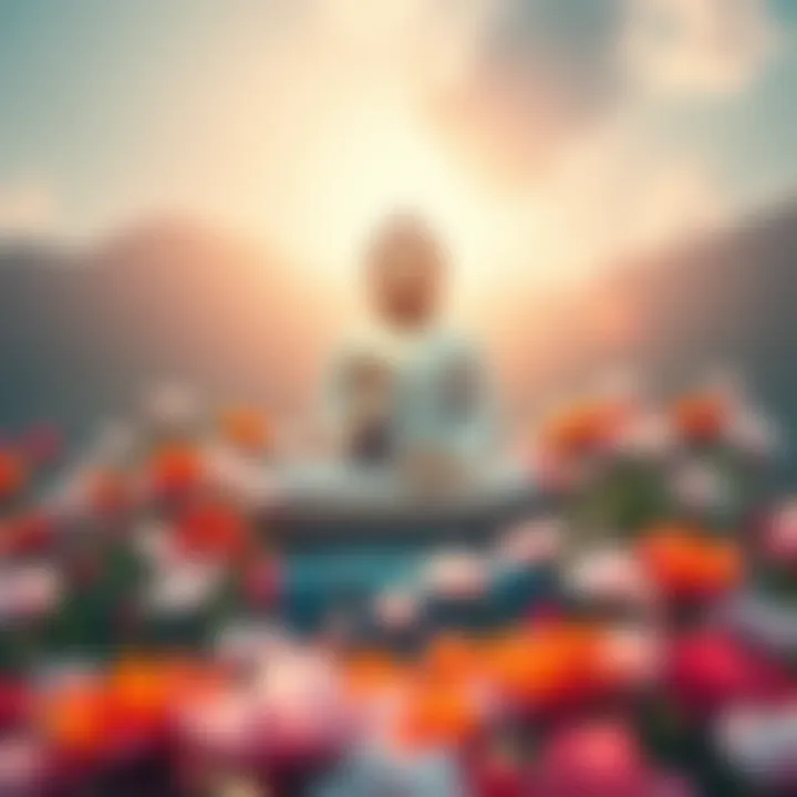 A serene image depicting a tranquil Buddha statue surrounded by flowers, symbolizing Pure Land practice in Mahayana Buddhism.