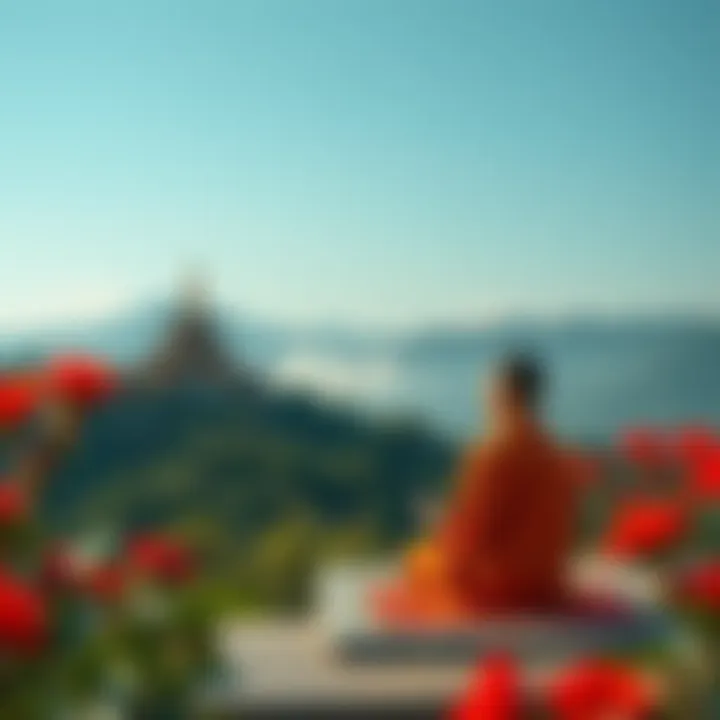 A serene setting with a Pure Land Buddhist practicing meditation in front of a serene landscape, embodying the faith's beliefs and practices.