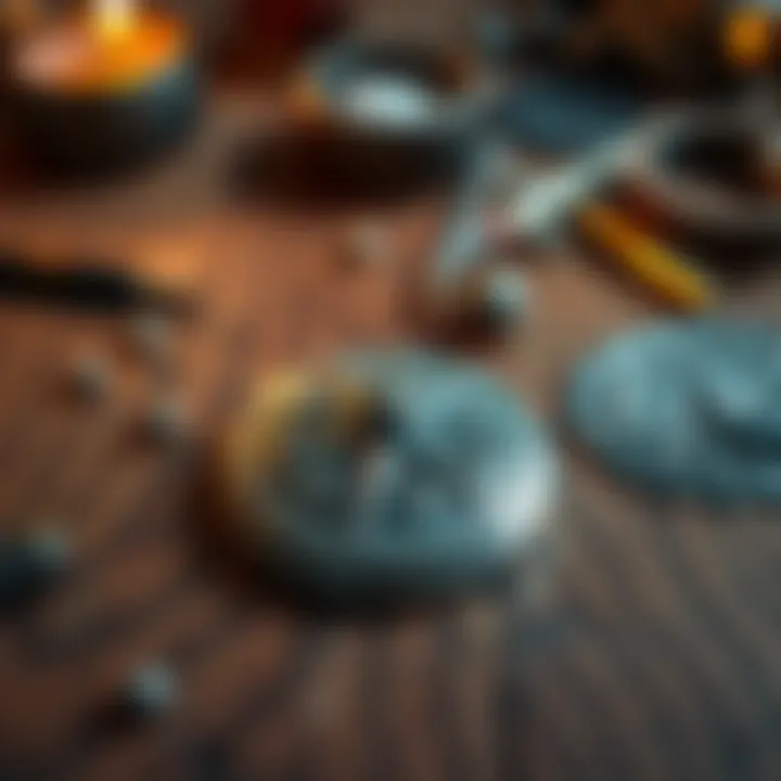 A handcrafted pure silver talisman shown on a wooden table surrounded by crafting materials like tools and beads.