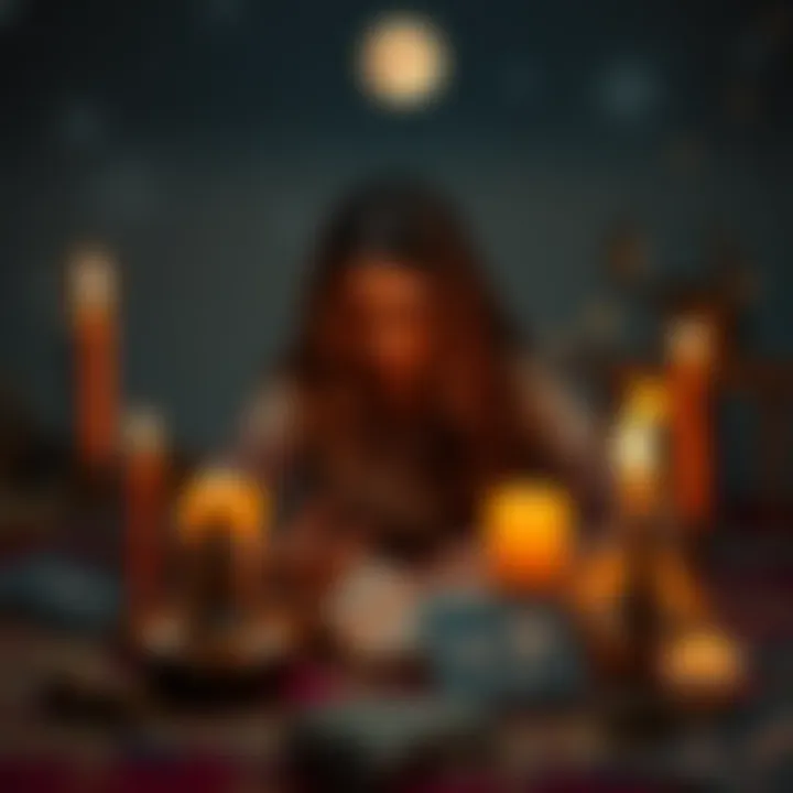 Purification Ritual Elements A person performing a purification ritual with earth and fire elements, surrounded by candles and oracle cards, under a Scorpio full moon