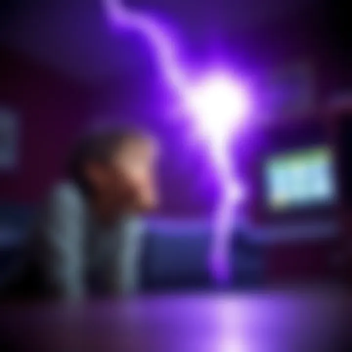 Flash of Purple Light Two siblings staring at a bright flash of purple energy in a dimly lit room, looking confused and curious.