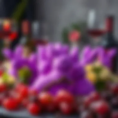 Purple Peeps Offerings A colorful display of purple bunny peeps arranged as an offering to Dionysus, surrounded by wine and grape motifs.