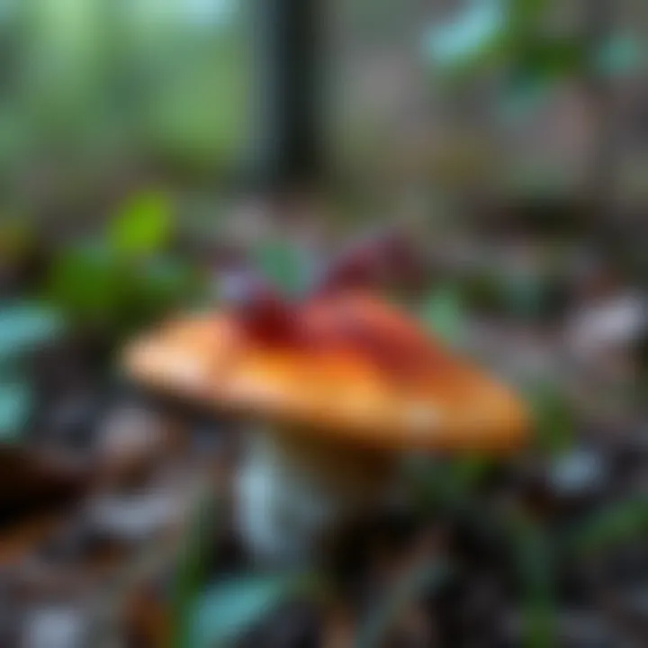 A Purple Robed Mantid perched on a mushroom in a forest setting, showcasing its vibrant colors and unique shape.