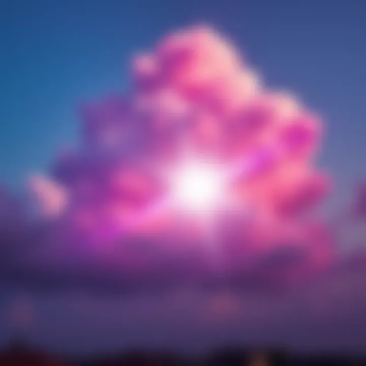 A striking purple cloud moving through the sky, emitting a brief flash of light, surrounded by regular clouds and rooftops below.