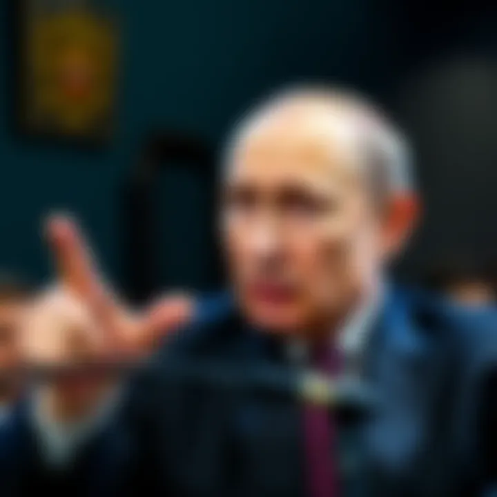 Vladimir Putin speaking passionately during an interview, pointing his finger as he addresses the global elite, with a serious expression on his face.