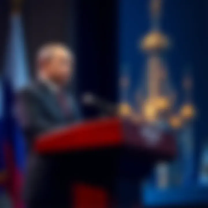 Putin speaks at a podium about the impact of the Strait of Hormuz traffic reduction on Russia's oil exports