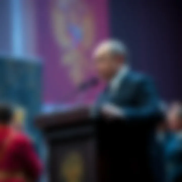 Putin speaking at a podium Vladimir Putin stands at a podium addressing an audience, discussing his views on Satanism and the occult.