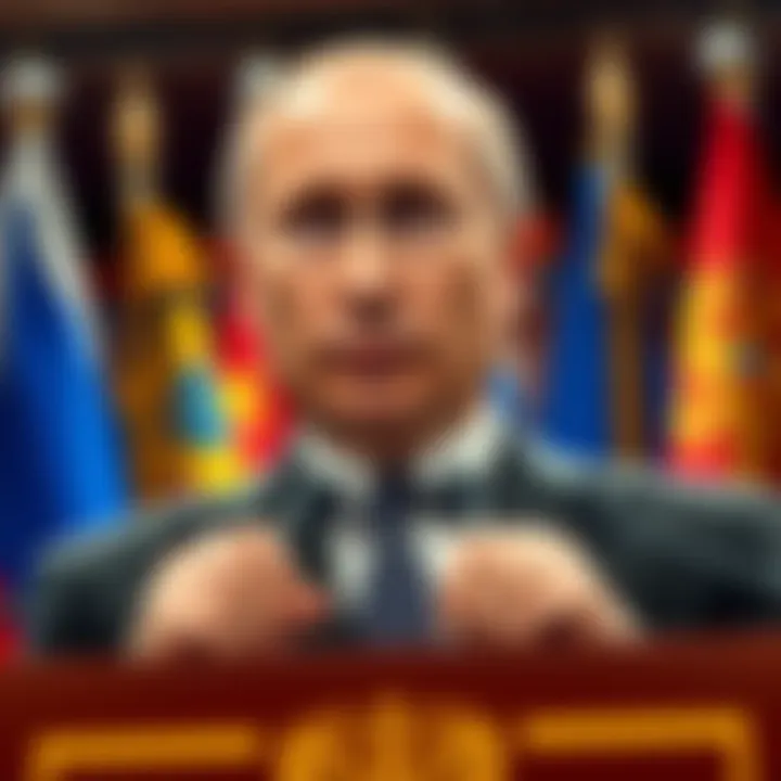 Vladimir Putin speaks at a podium, criticizing Western elites for their greed, with a serious expression and flags in the background.