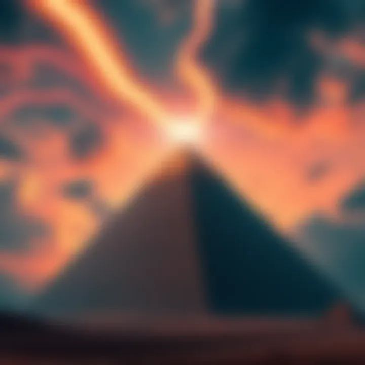 An illustration of the Great Pyramid emitting energy into the sky, resembling a Tesla coil.