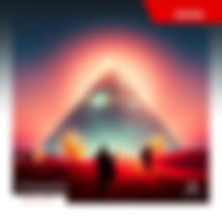A tall pyramid surrounded by glowing gems, set against a backdrop of a red desert. Monks are seen praying nearby, creating a serene atmosphere.