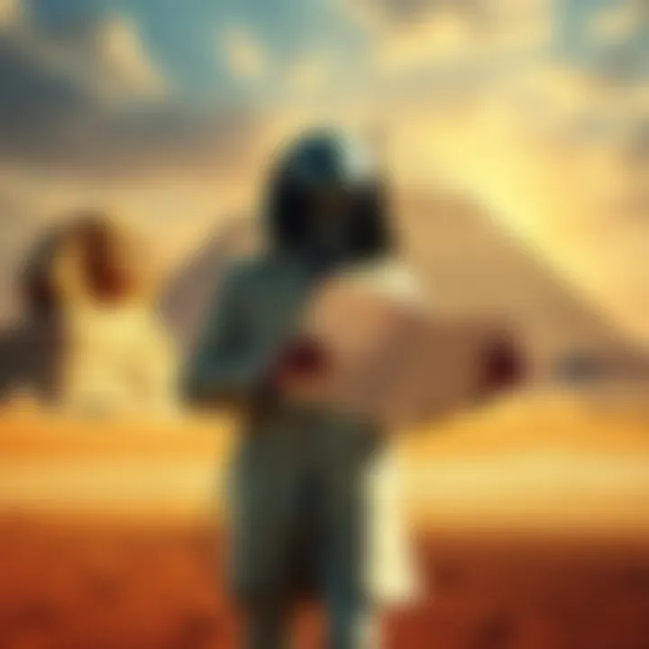 Pyramids and Alien Archaeologist An alien archaeologist stands in front of the pyramids, claiming they were built by extraterrestrials, holding documents that support his statement.