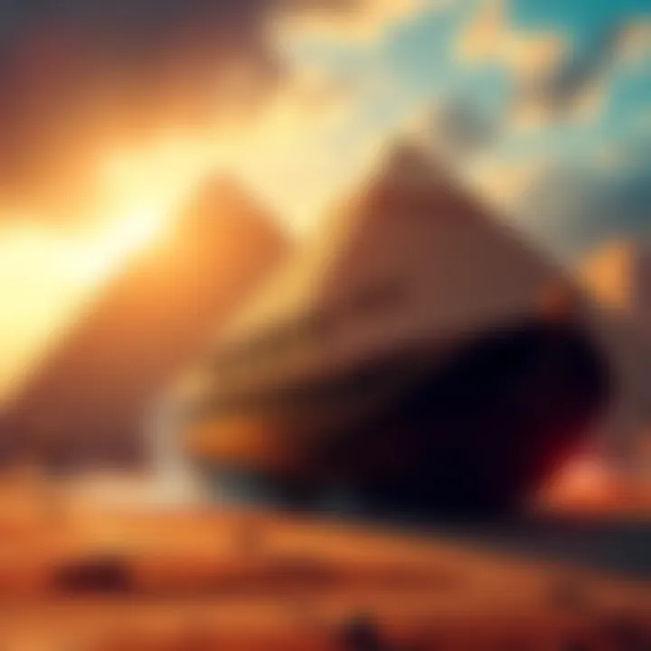 An artistic representation showing the Pyramids of Giza alongside an ancient wooden ark, connecting biblical themes with Egyptian architecture.