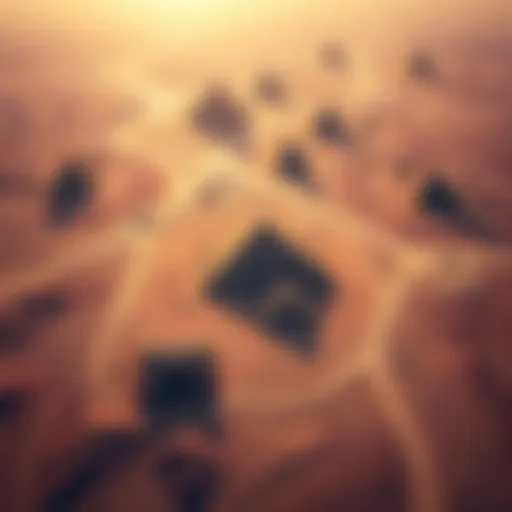 An aerial view of the pyramids showing the surrounding desert and hints of bedrock underneath.
