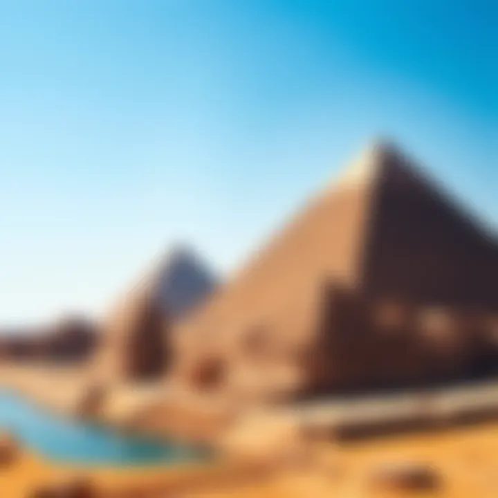The Great Pyramids of Giza under a clear blue sky, with the Nile River in the background.