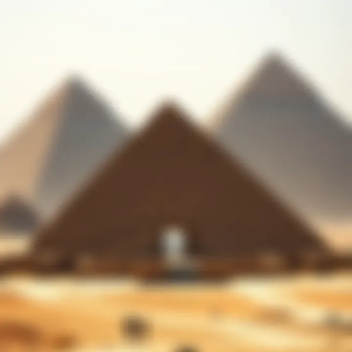 The Pyramids of Giza with a hidden entrance shown on Menkaure's pyramid, highlighting theories about their construction and history.
