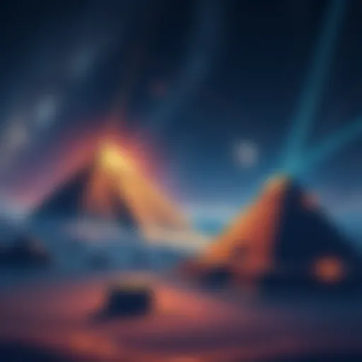 Illustration of Giza and Teotihuacan pyramids connected by star alignments in the night sky