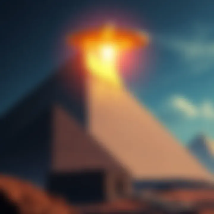 A view of the Great Pyramid of Giza with a glowing alien spaceship hovering above it, surrounded by stars.