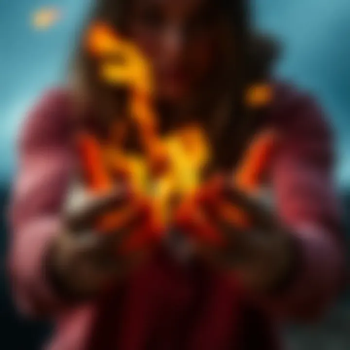 Person creating fire with hands A person focusing their energy to generate flames from their hands, showcasing pyrokinesis in action.