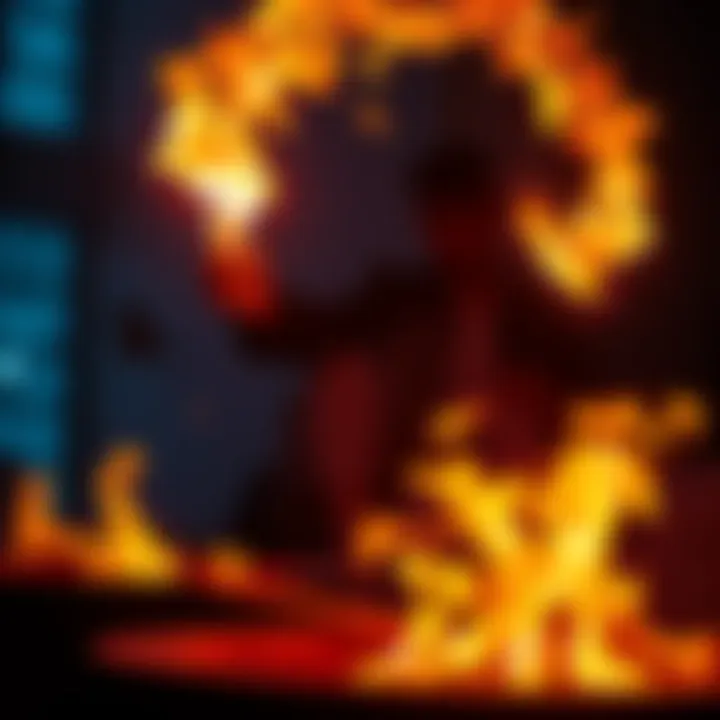 Individual showcasing pyrokinesis with a fire pit and wand, surrounded by flames and music notes