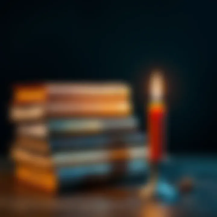 A stack of books including 'A Garden of Pomegranates' and 'The Mystical Qabalah' with a candle beside them, symbolizing spiritual learning.