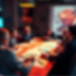 A group of people debating the Qanon theory with charts and documents on a table.