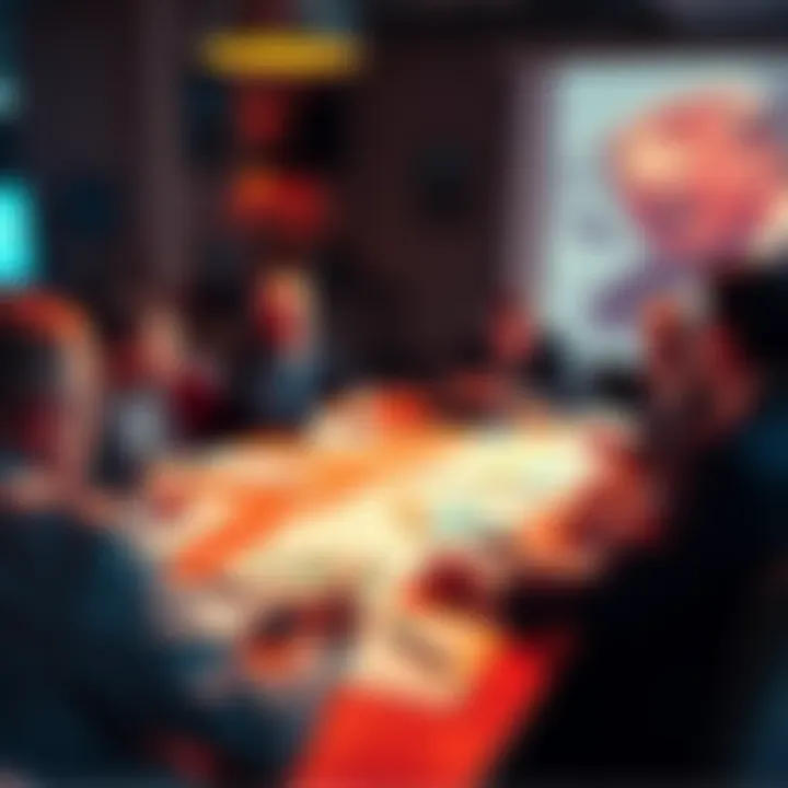 A group of people debating the Qanon theory with charts and documents on a table.