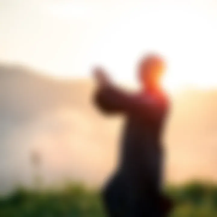 Individual practicing Qi Gong outdoors, surrounded by calming nature, focusing on relaxation and healing for rosacea