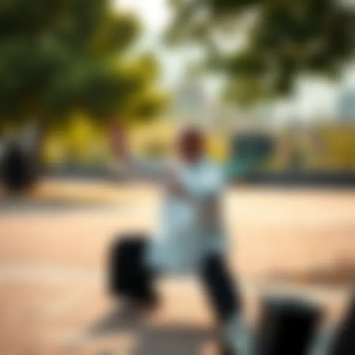 Individual performing Qi Gong exercises in a peaceful outdoor environment, promoting relaxation and mental wellness
