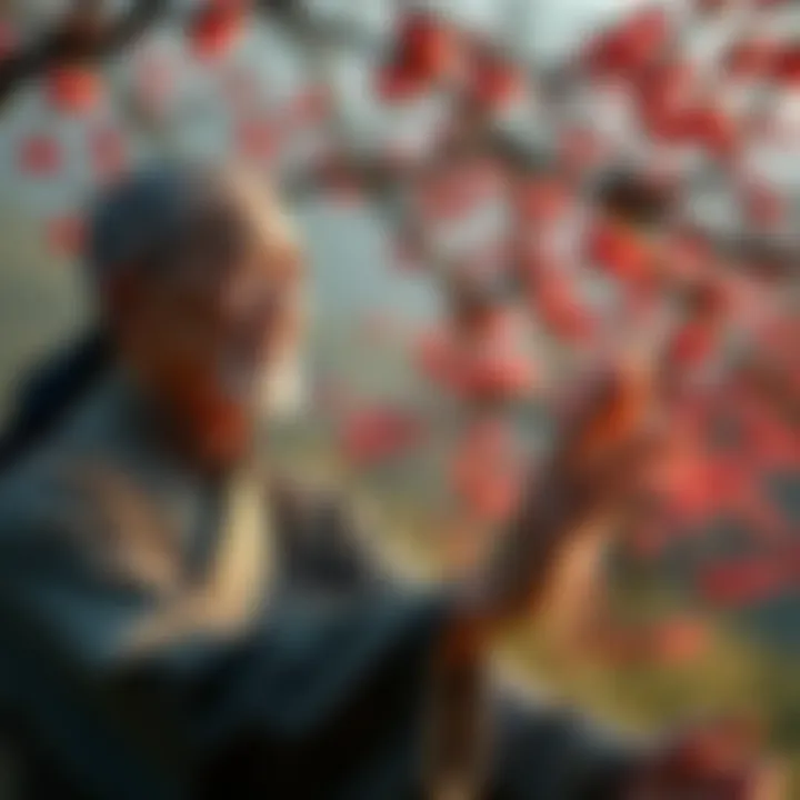 Practitioner practicing fragrant qigong A person practicing fragrant qigong outdoors, appearing relaxed but fatigued, with a serene expression and surrounded by nature