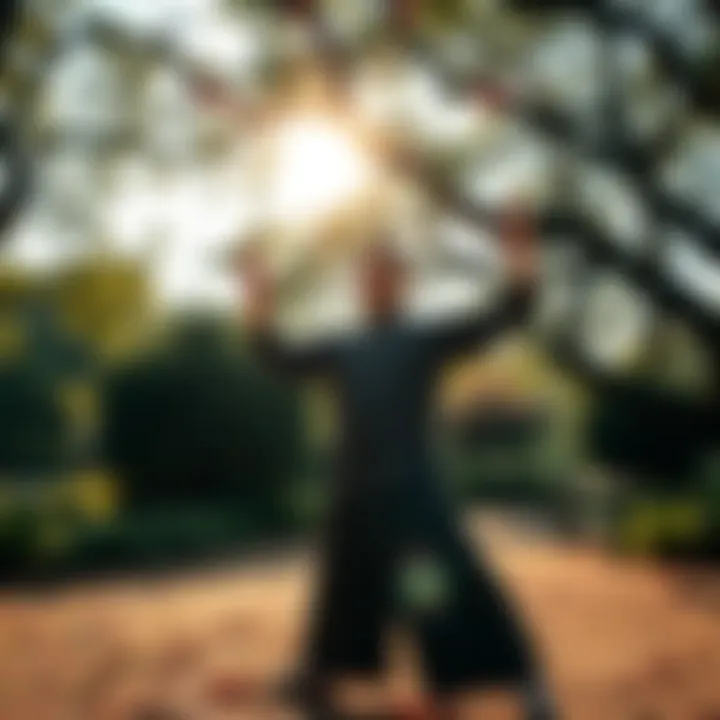 A person practicing Qigong in a serene outdoor setting, surrounded by trees and nature, with the sun shining through the leaves.