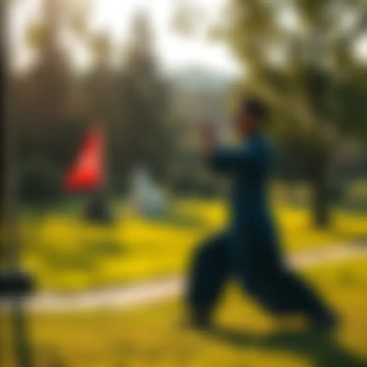 A person performing Qigong in a peaceful park, focusing on slow movements and deep breathing