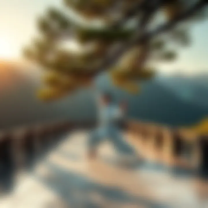 A serene practitioner engaging in qigong under a tranquil landscape, embodying the essence of energy flow and mindfulness.