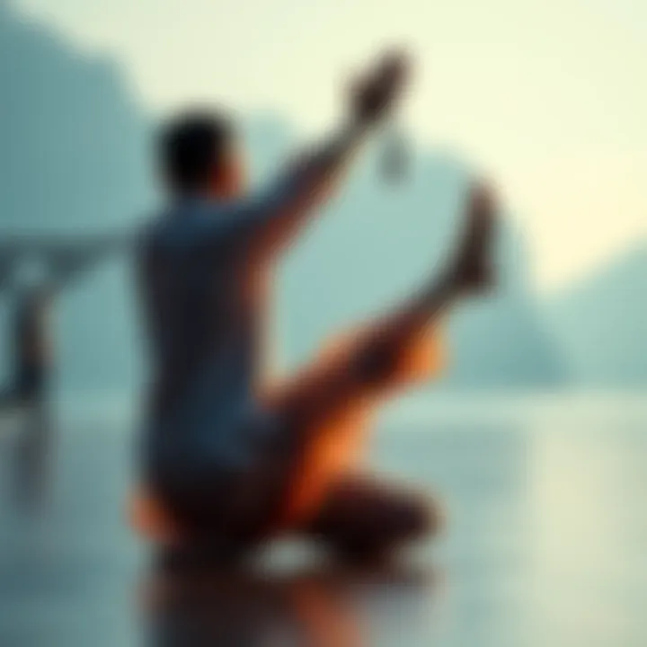 An individual practicing QiGong in a calm setting, stretching their legs to relieve muscle tension after a session.