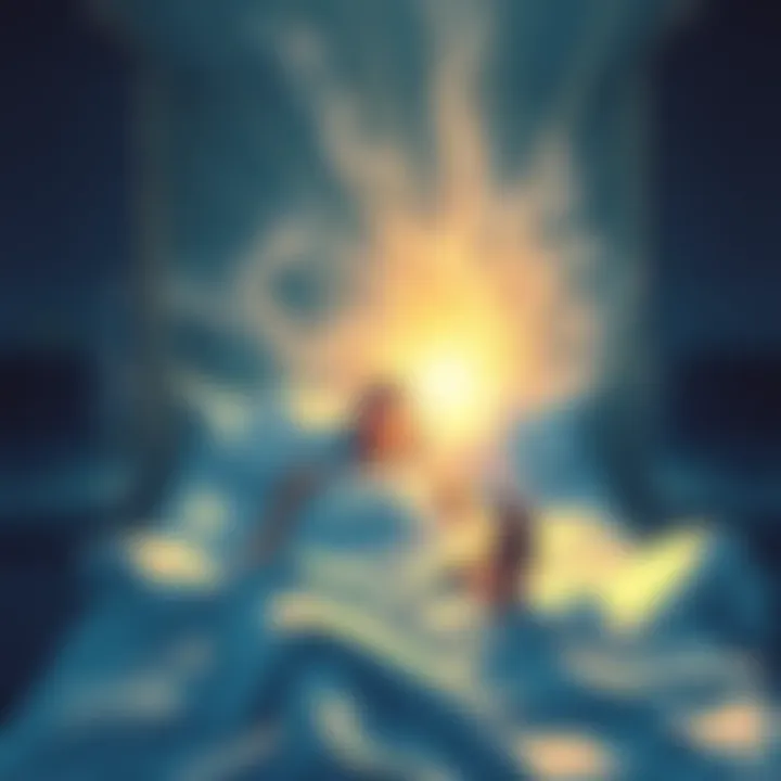 Illustration showing a person in a hospital bed surrounded by light, symbolizing the idea of consciousness shifting after severe trauma, with hints of physical limitations like a missing limb