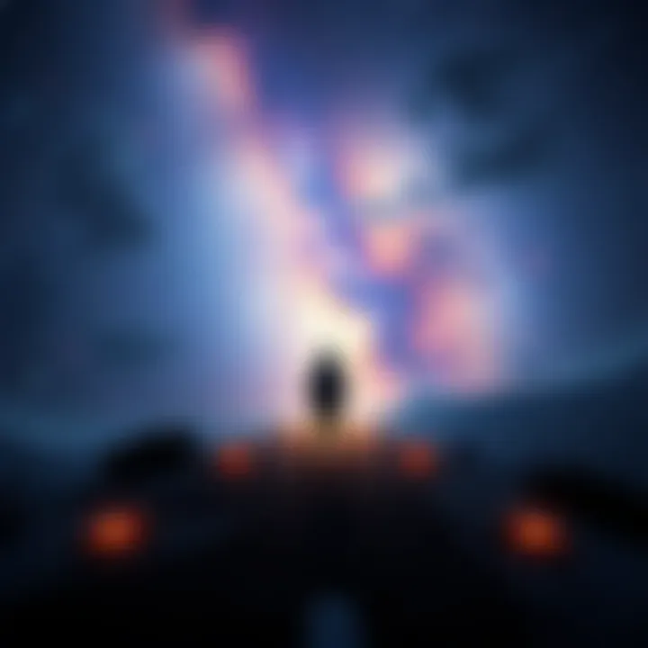 Concept of Quantum Immortality A person standing at a crossroads, pondering life and death with a surreal backdrop of stars and galaxies, symbolizing Quantum Immortality.