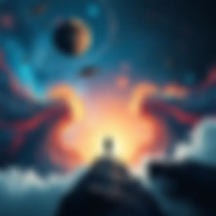 A visual representation of Quantum Immortality with swirling galaxies and a figure standing at the edge of two realities, contemplating life after death.