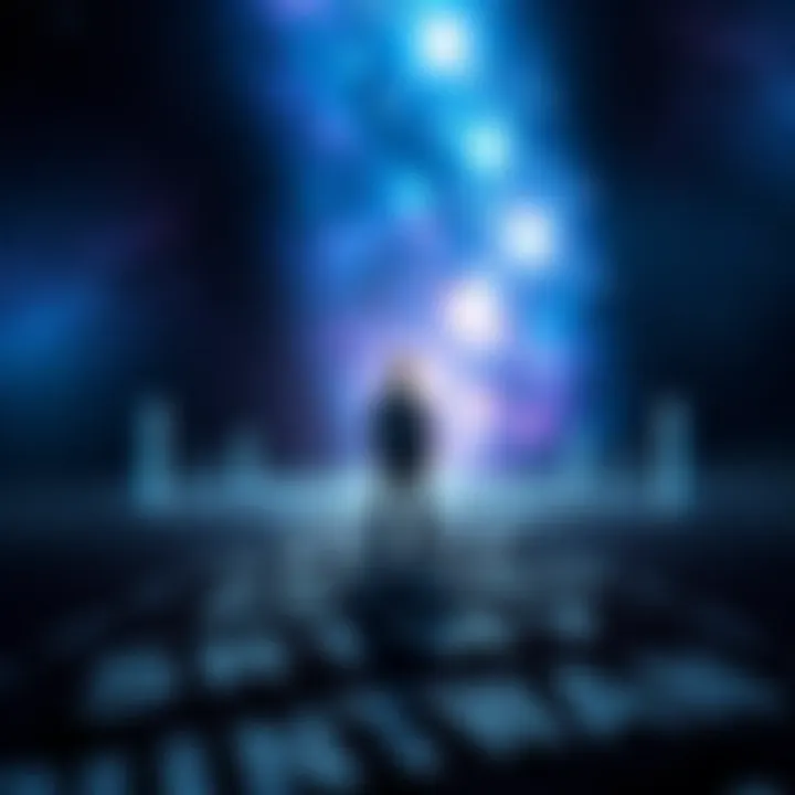 Quantum Immortality Concept A person standing at a crossroads, representing choices in life and alternate realities, with a cosmic background illustrating the idea of near-death events and survival.