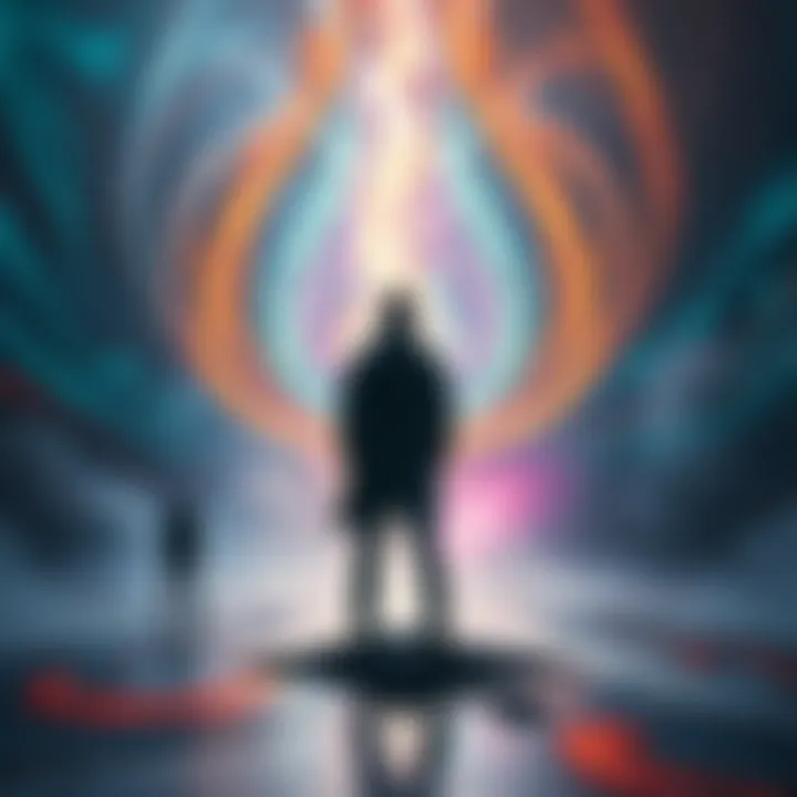 An abstract representation of parallel realities, showing a figure standing at a crossroads with swirling colors symbolizing alternate timelines.