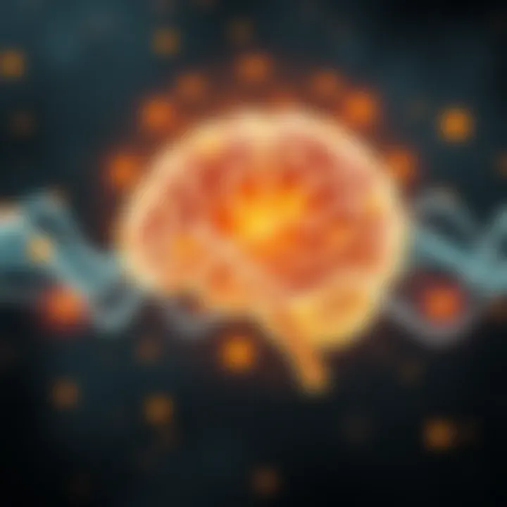 A visual representation showing interconnected wave functions illustrating the relationship between quantum mechanics and consciousness, featuring brain imagery alongside quantum symbols.