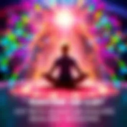 A person sitting cross-legged with colorful energy beams surrounding them, symbolizing healing and clarity.
