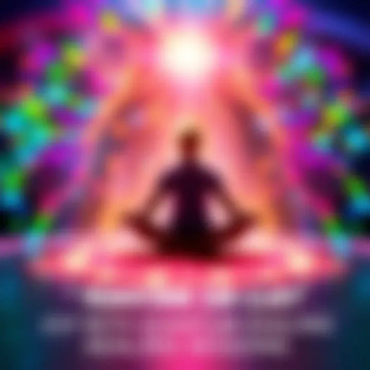 A person sitting cross-legged with colorful energy beams surrounding them, symbolizing healing and clarity.